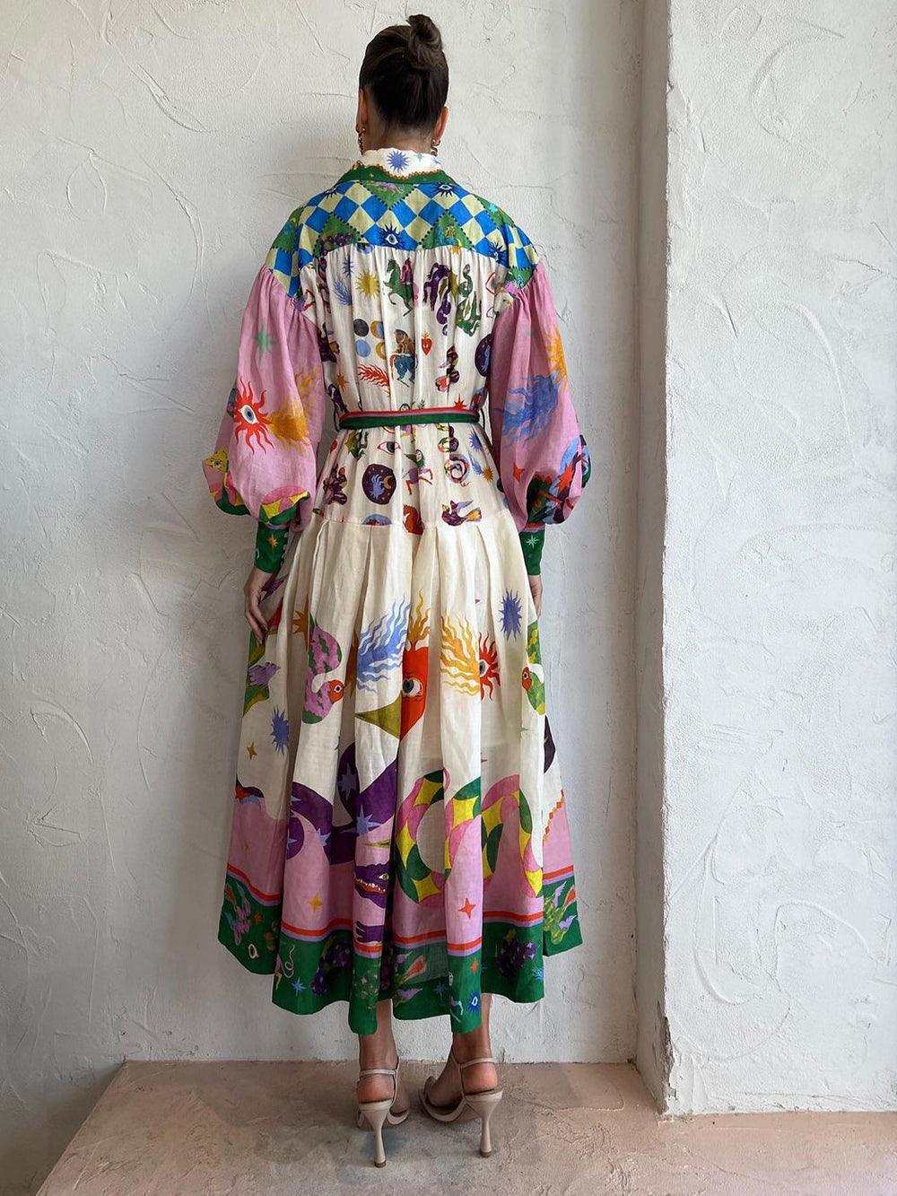 Vestido Plisado de Manga Larga y Corte Holgado