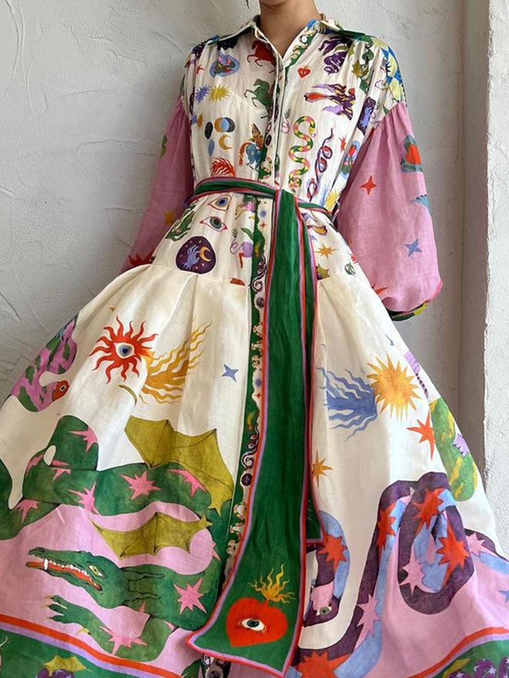 Vestido Plisado de Manga Larga y Corte Holgado