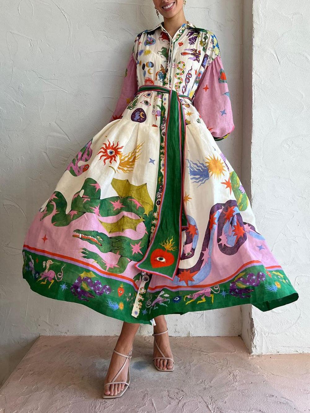 Vestido Plisado de Manga Larga y Corte Holgado