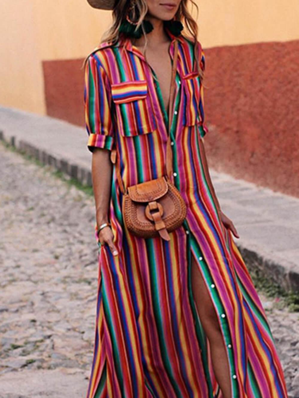 Conjunto de Camisa Estampada a Rayas y Falda Maxi
