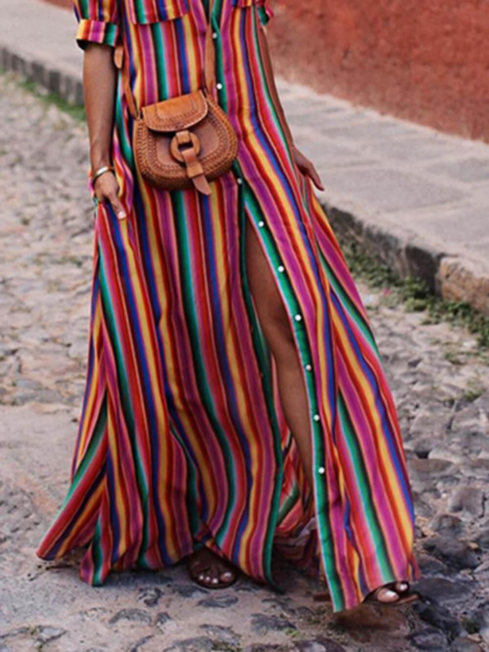 Conjunto de Camisa Estampada a Rayas y Falda Maxi