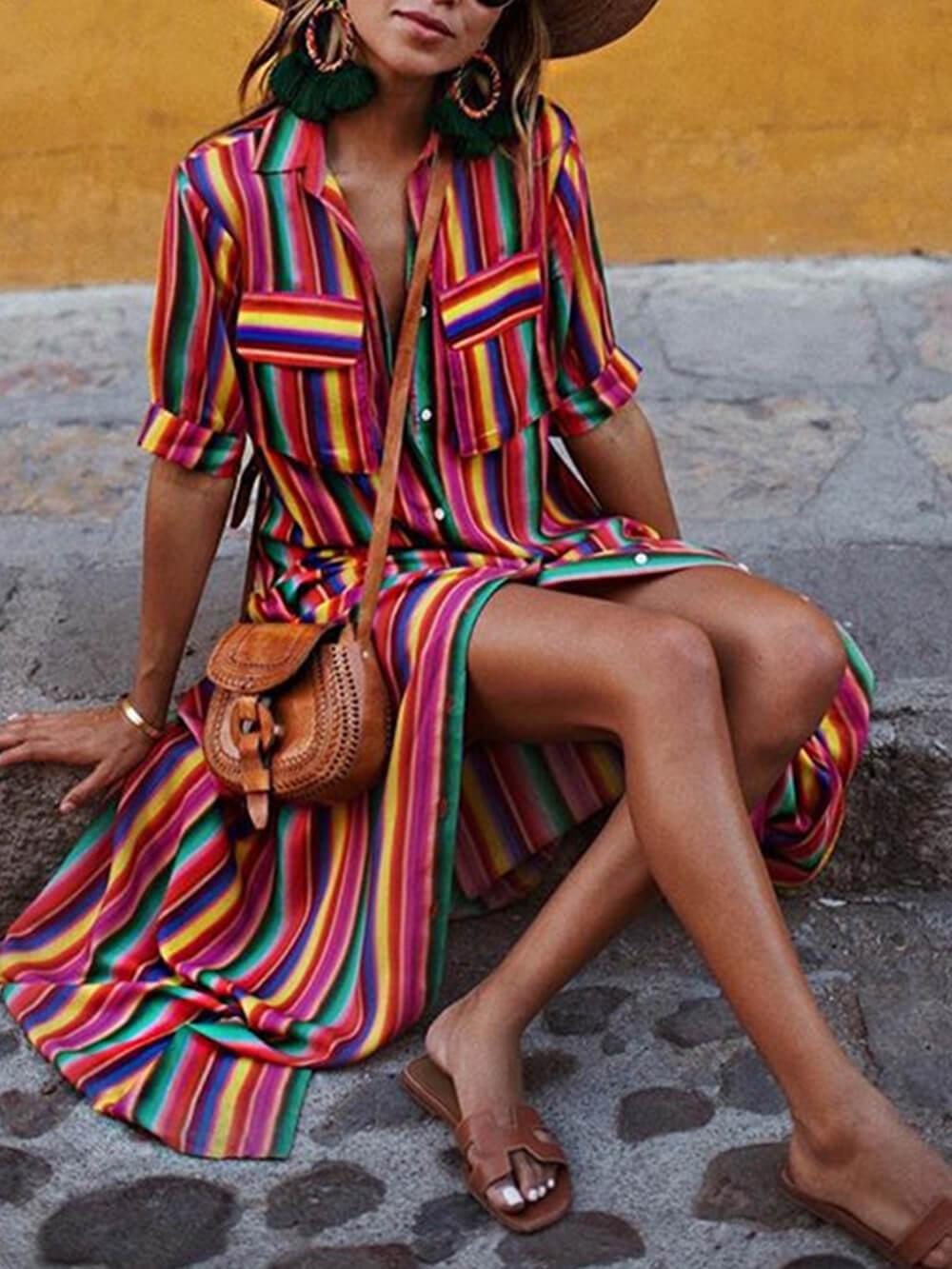 Conjunto de Camisa Estampada a Rayas y Falda Maxi