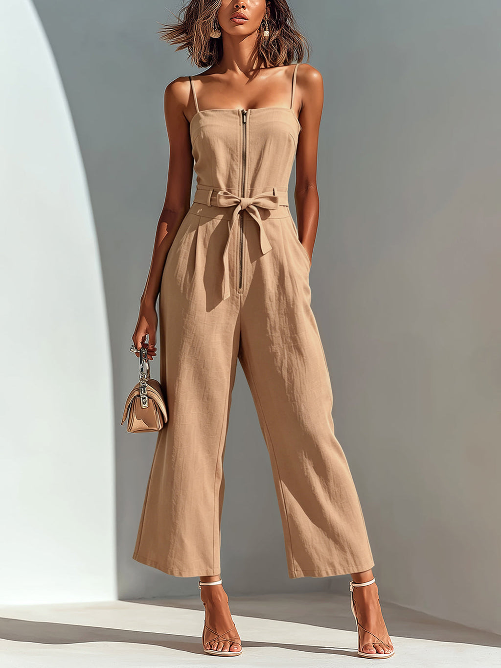 Mono Corto Chic Casual Camel de Algodón-Lino con Tirantes, Cremallera y Pierna Ancha