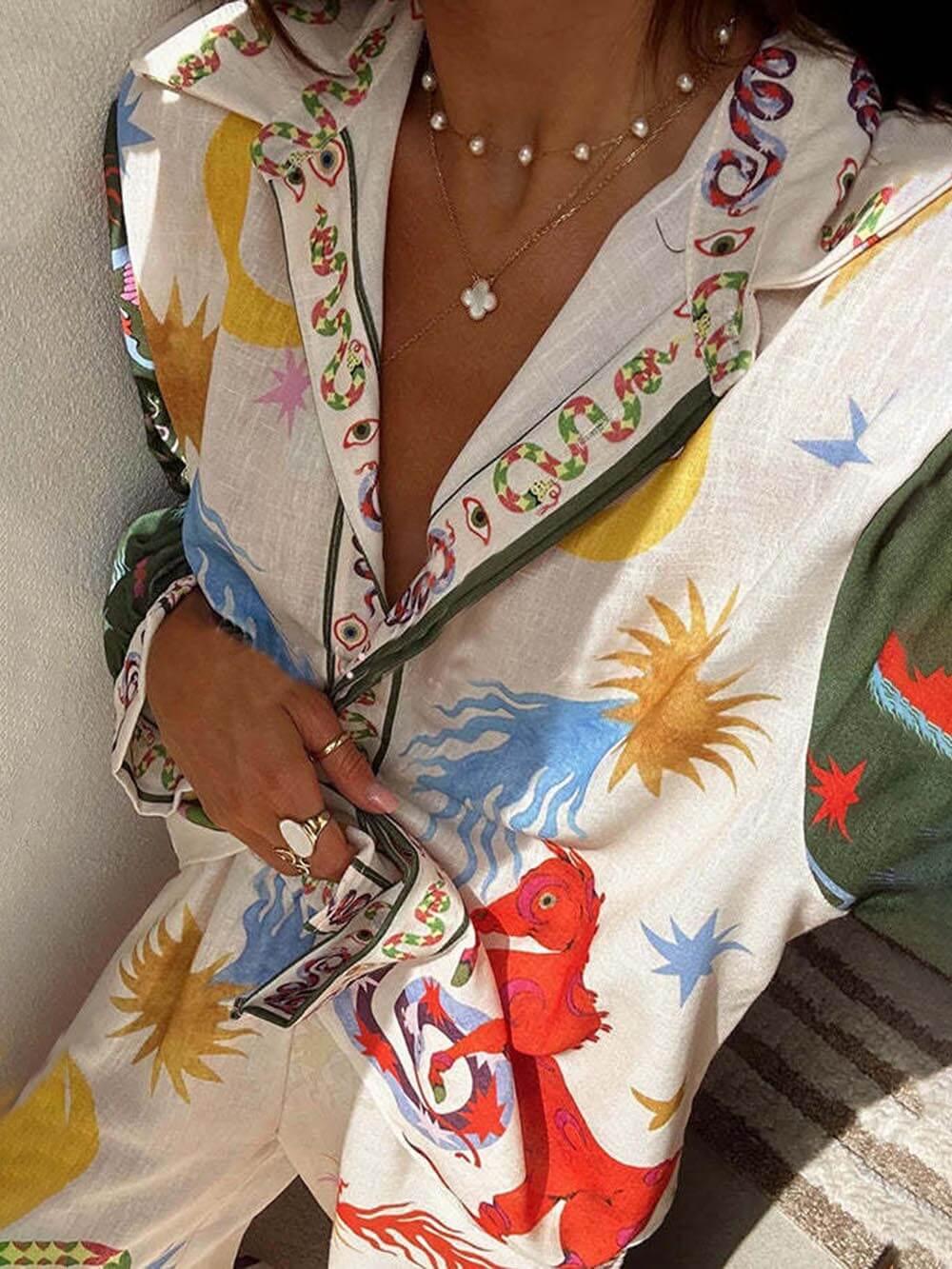 Conjunto de Camisa Manga Larga con Estampado Único y Pantalón con Cintura Elástica