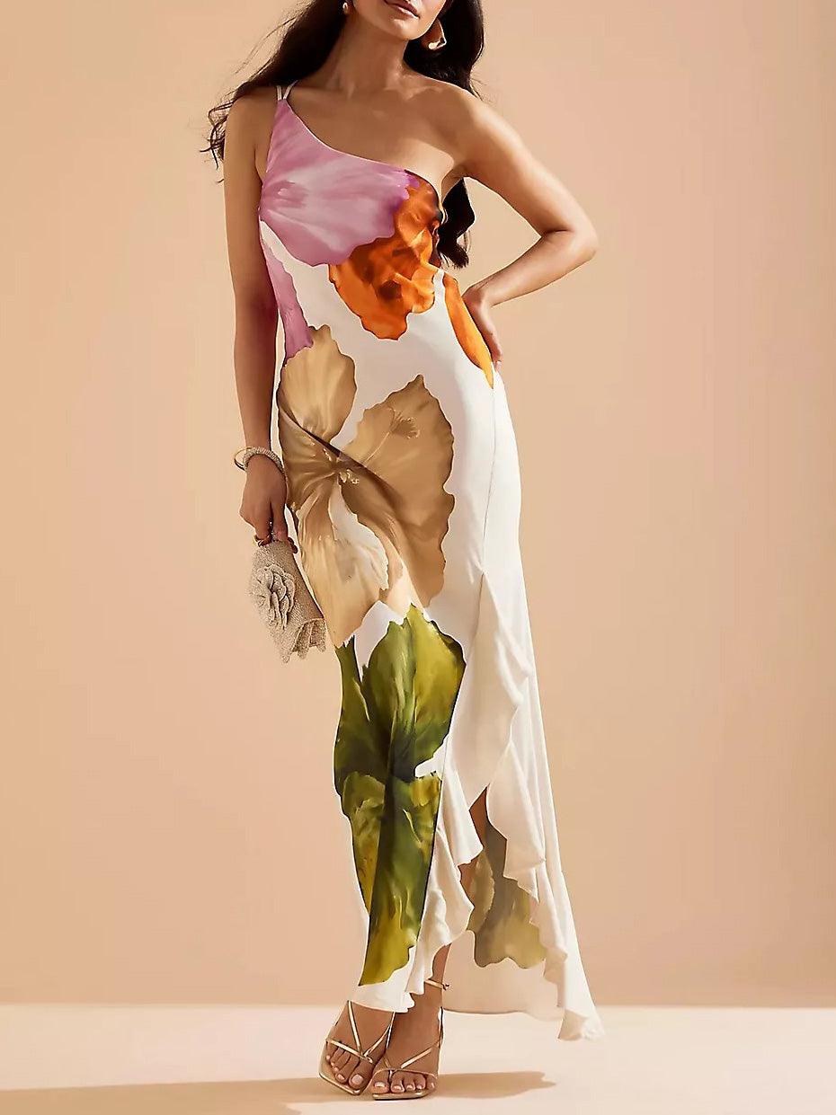 Vestido Maxi Floral Elegante con un Solo Hombro