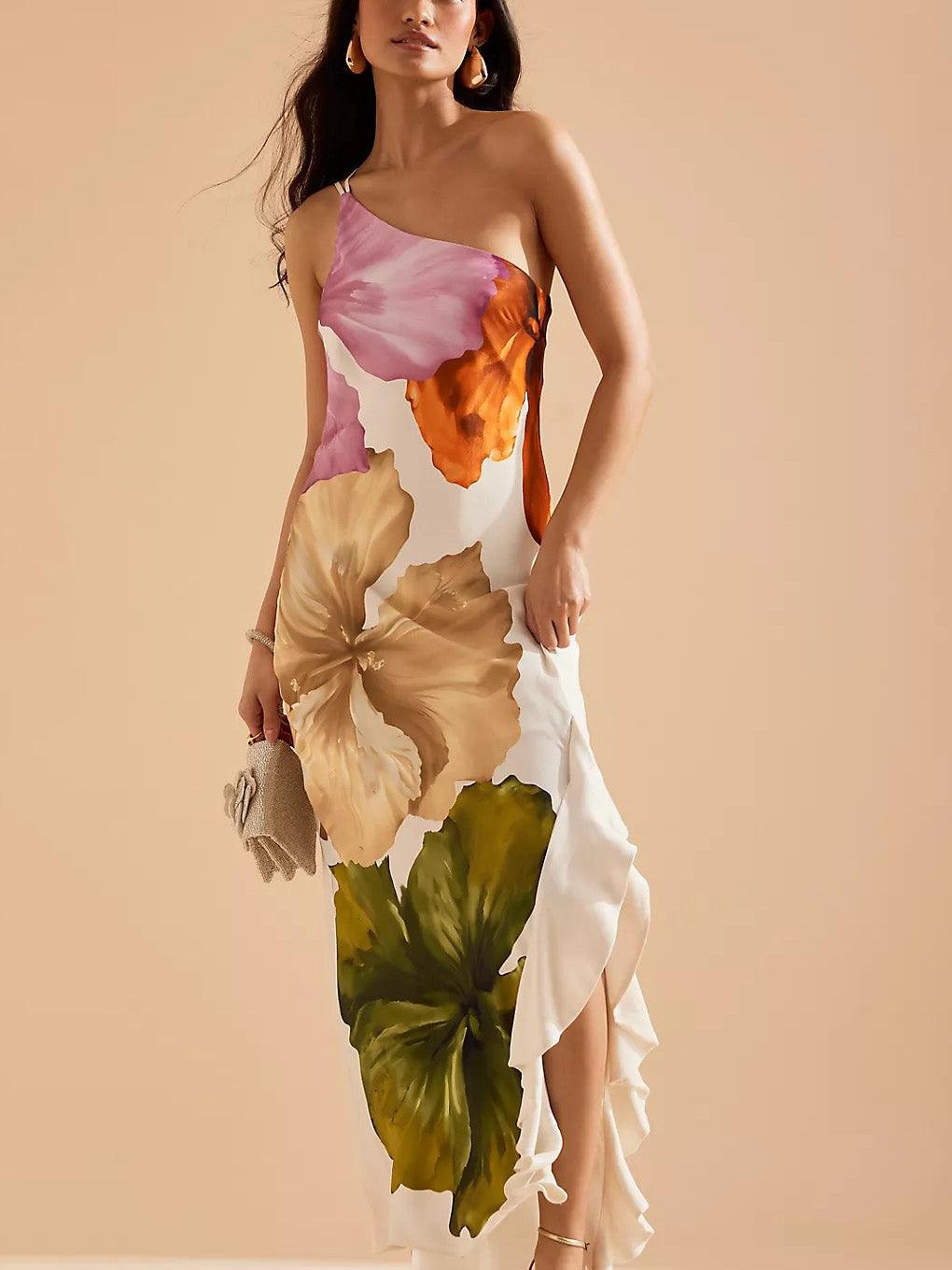 Vestido Maxi Floral Elegante con un Solo Hombro