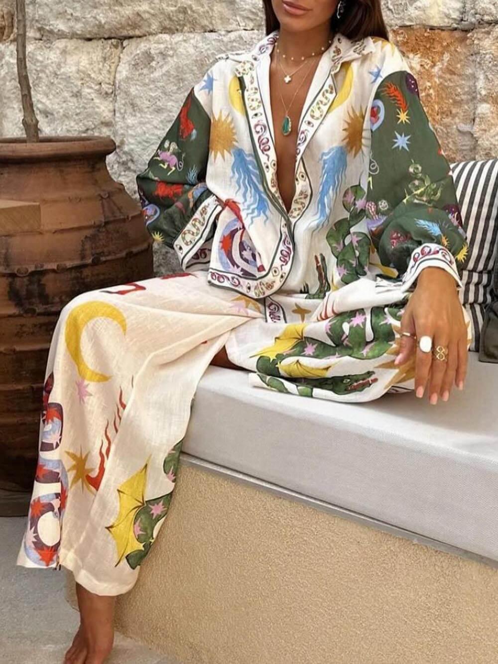 Conjunto de Camisa Manga Larga con Estampado Único y Pantalón con Cintura Elástica
