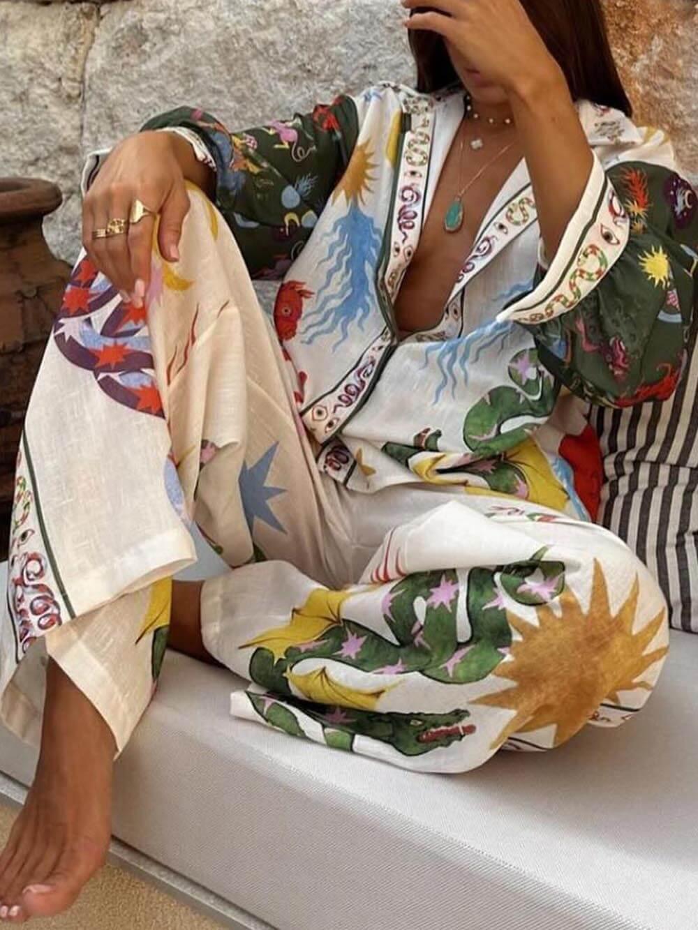 Conjunto de Camisa Manga Larga con Estampado Único y Pantalón con Cintura Elástica
