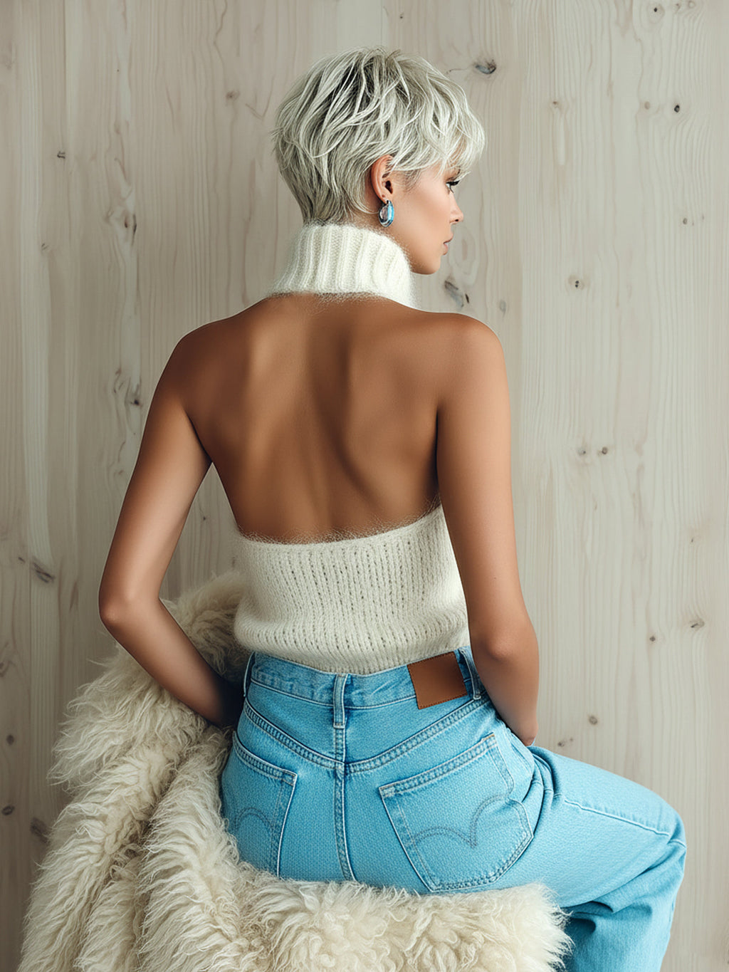 Chaleco Top Chic Vintage Blanco con Cuello Alto Halter y Punto Esponjoso