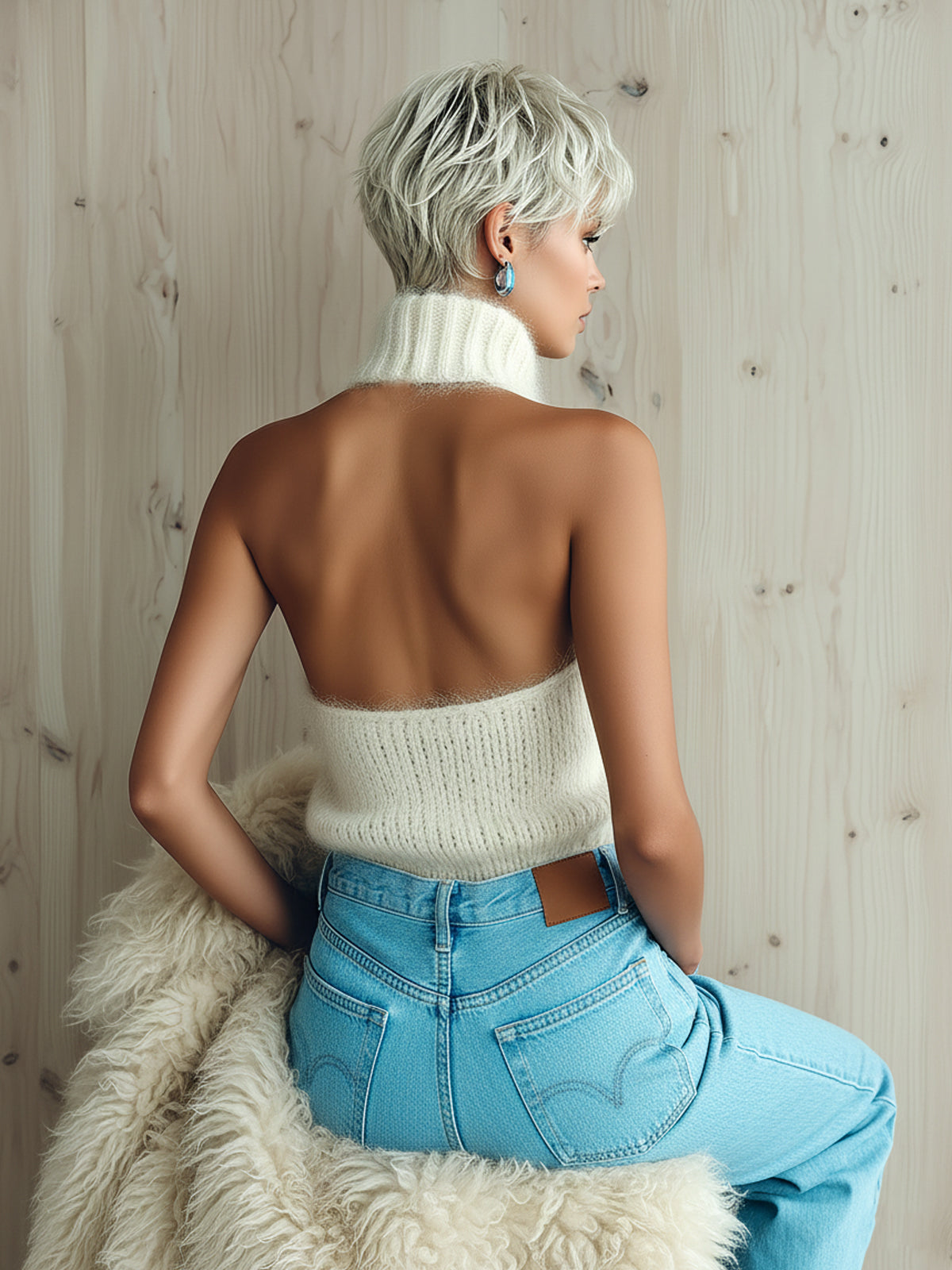 Chaleco Top Chic Vintage Blanco con Cuello Alto Halter y Punto Esponjoso