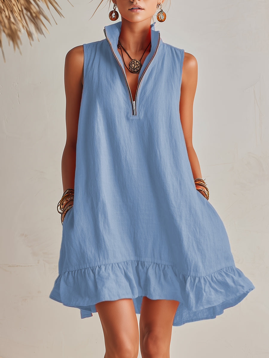 Mini Vestido Naranja de Resort de Algodón-Lino con Cuello Alto, Media Cremallera y Dobladillo con Volantes