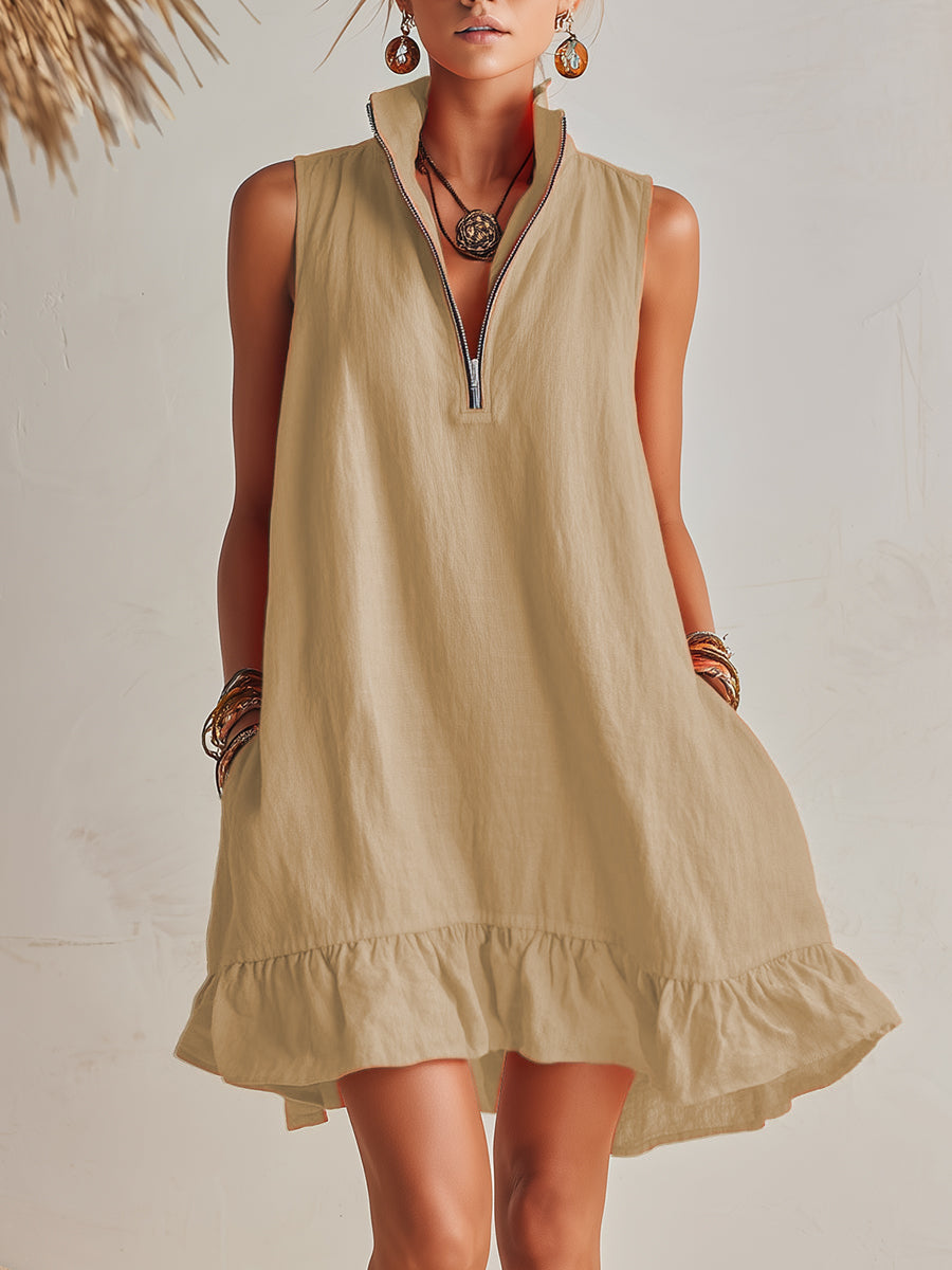 Mini Vestido Naranja de Resort de Algodón-Lino con Cuello Alto, Media Cremallera y Dobladillo con Volantes