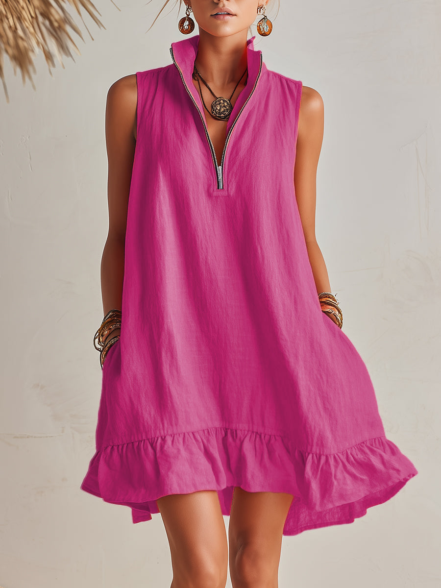 Mini Vestido Naranja de Resort de Algodón-Lino con Cuello Alto, Media Cremallera y Dobladillo con Volantes