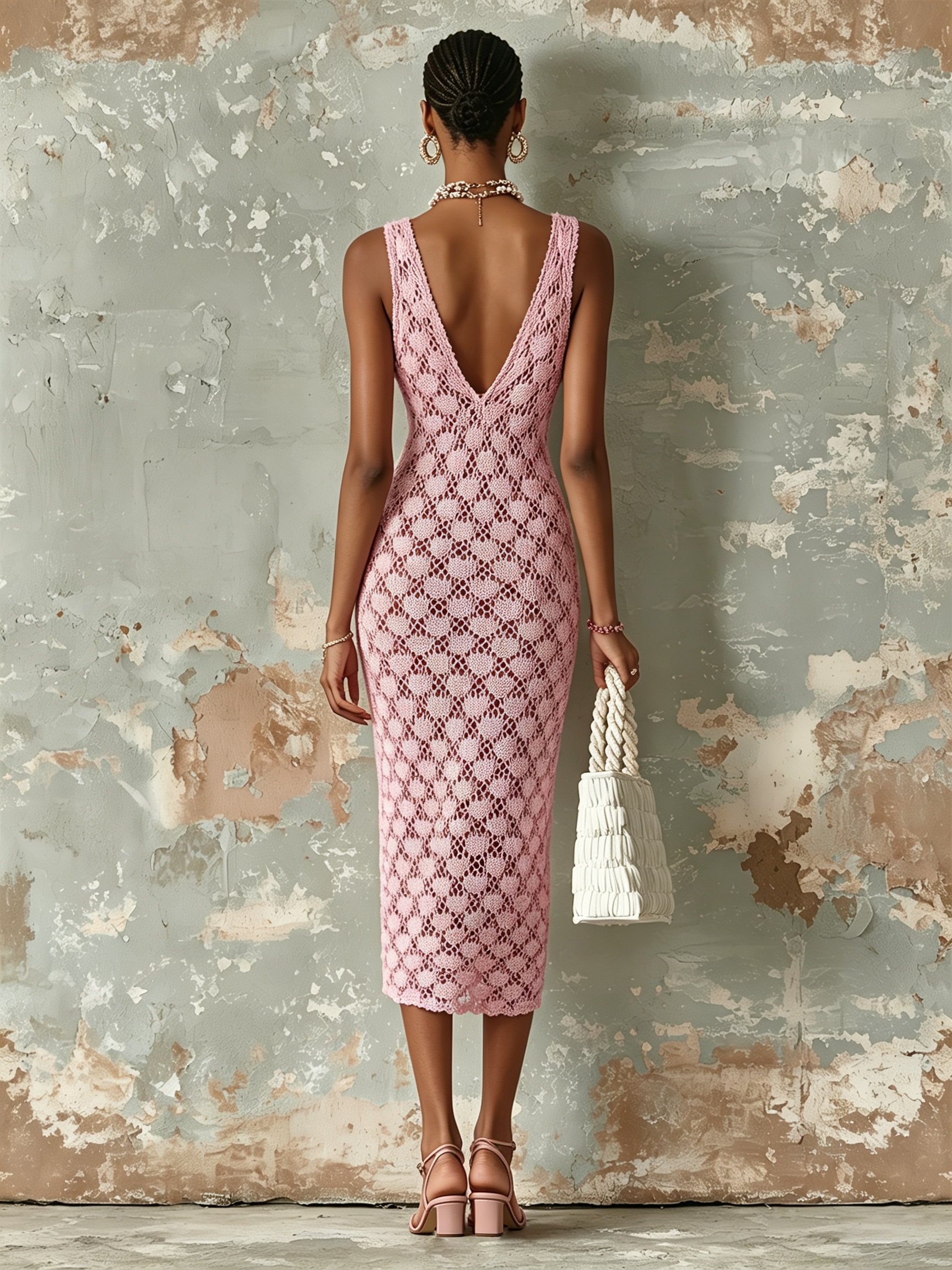 Vestido Midi Chic Elegante Rosa con Cuello en V, sin Mangas y Calado en Punto