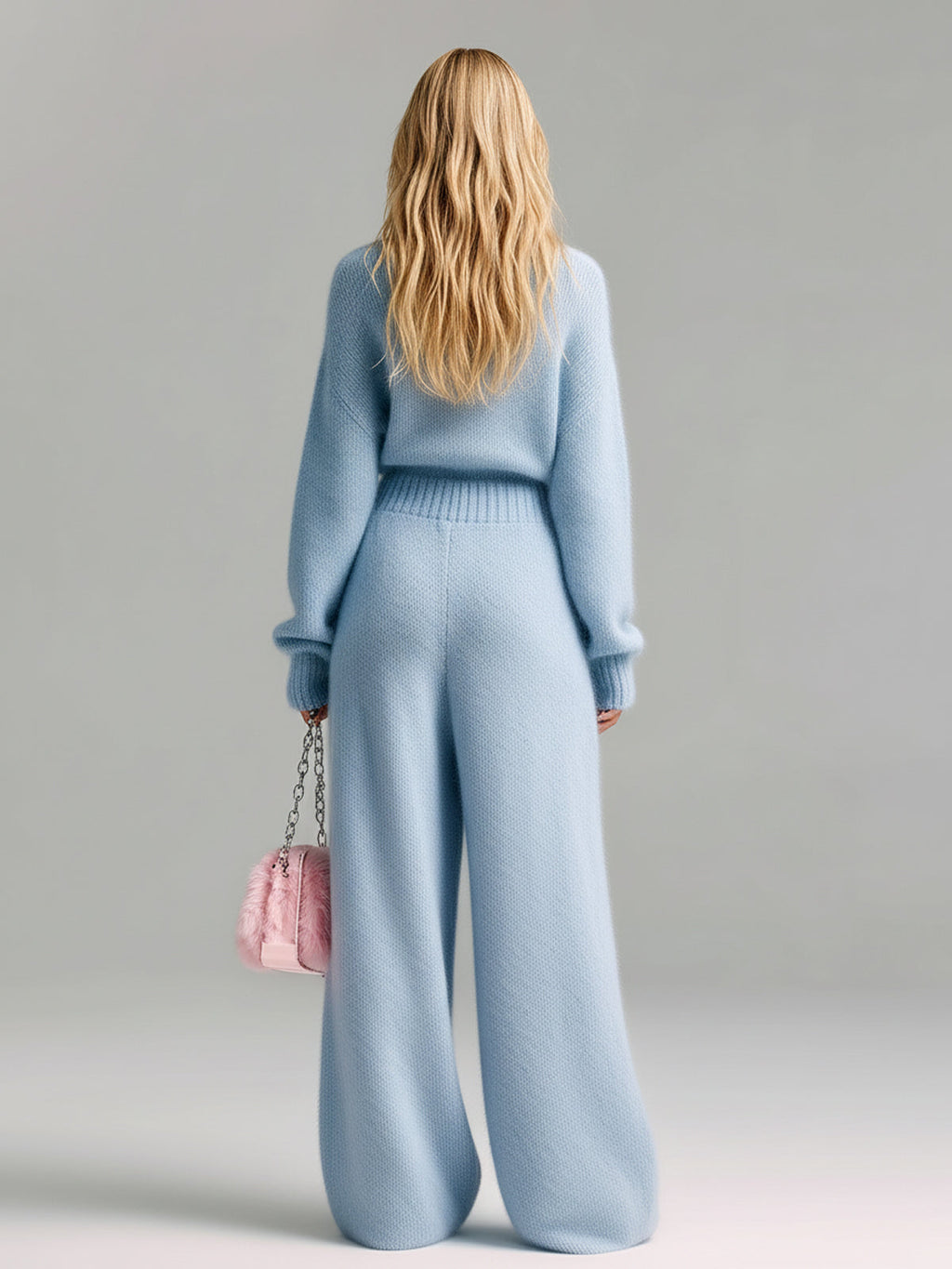 Mono Chic Elegante Azul Bebé Oversize con Cuello en V Profundo, Manga Larga y Punto Esponjoso