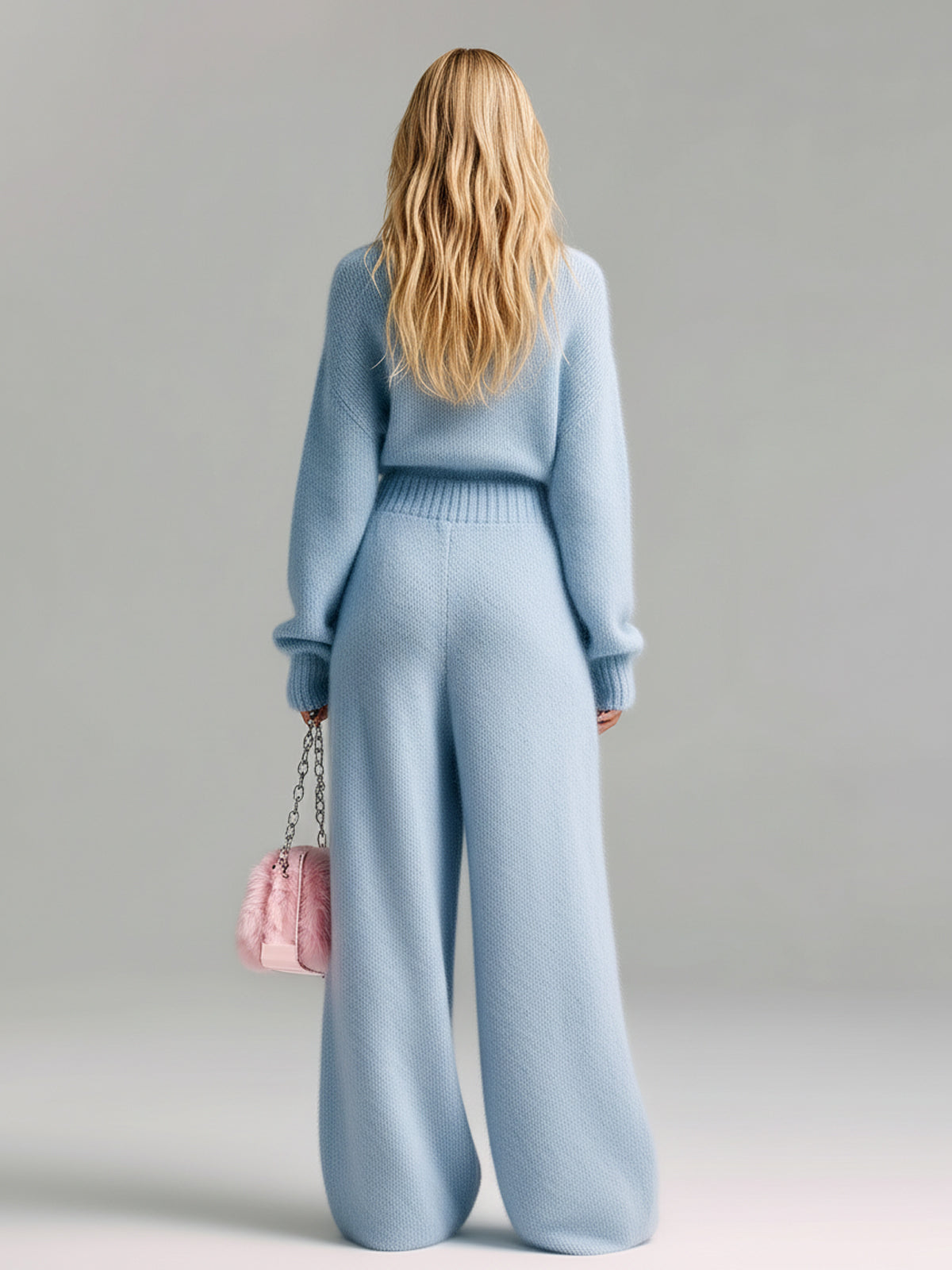 Mono Chic Elegante Azul Bebé Oversize con Cuello en V Profundo, Manga Larga y Punto Esponjoso