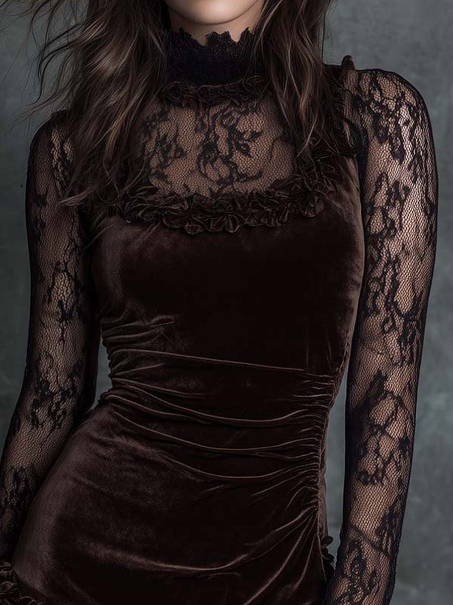 Mini Vestido de Terciopelo Chocolate con Encaje Gótico Plisado