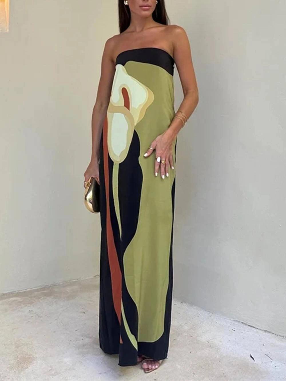 Vestido Maxi de Fiesta Estampado en Bloques de Color sin Tirantes