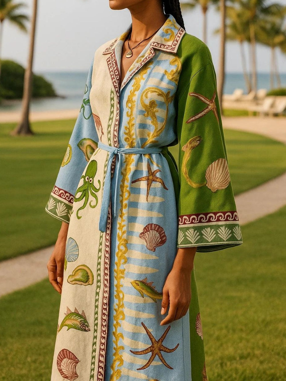 Vestido Camisero Midi de Sarga Estampado con Cinturón