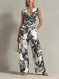 Mono Chic Elegante Colorblock Blanco y Negro con Estampado de Hojas y Algodón-Lino