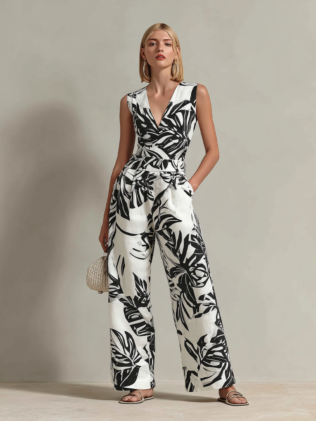 Mono Chic Elegante Colorblock Blanco y Negro con Estampado de Hojas y Algodón-Lino