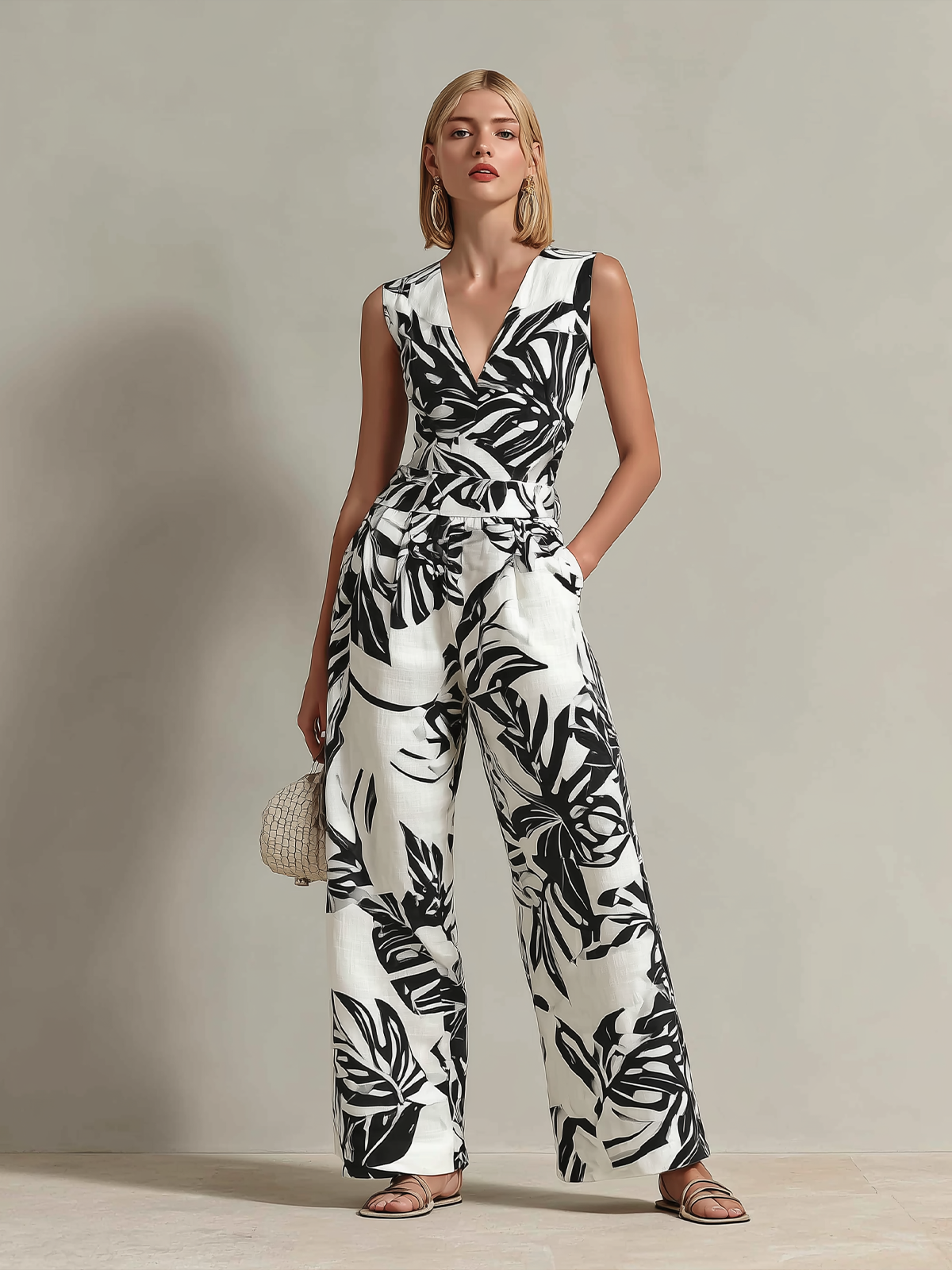 Mono Chic Elegante Colorblock Blanco y Negro con Estampado de Hojas y Algodón-Lino