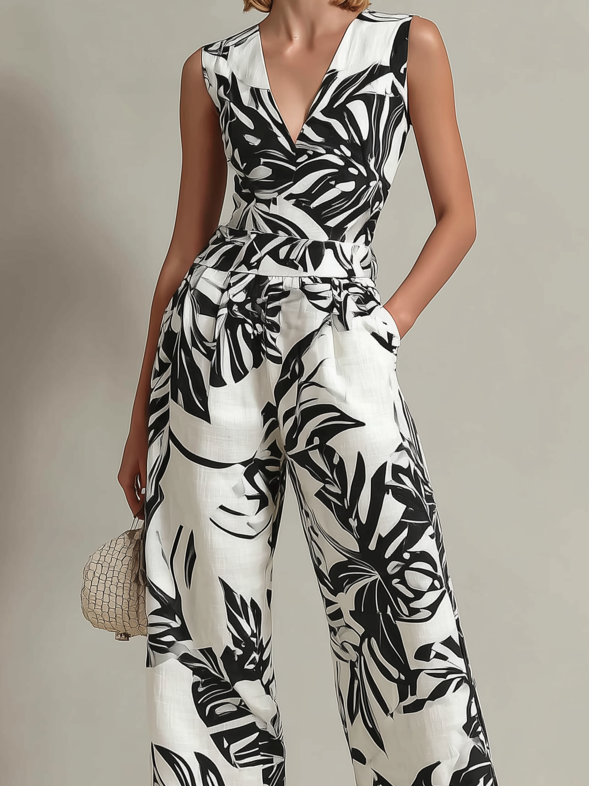 Mono Chic Elegante Colorblock Blanco y Negro con Estampado de Hojas y Algodón-Lino