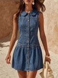 Mini Vestido Retro Costero de Mezclilla Azul con Cuello Peter Pan, Botonadura y sin Mangas