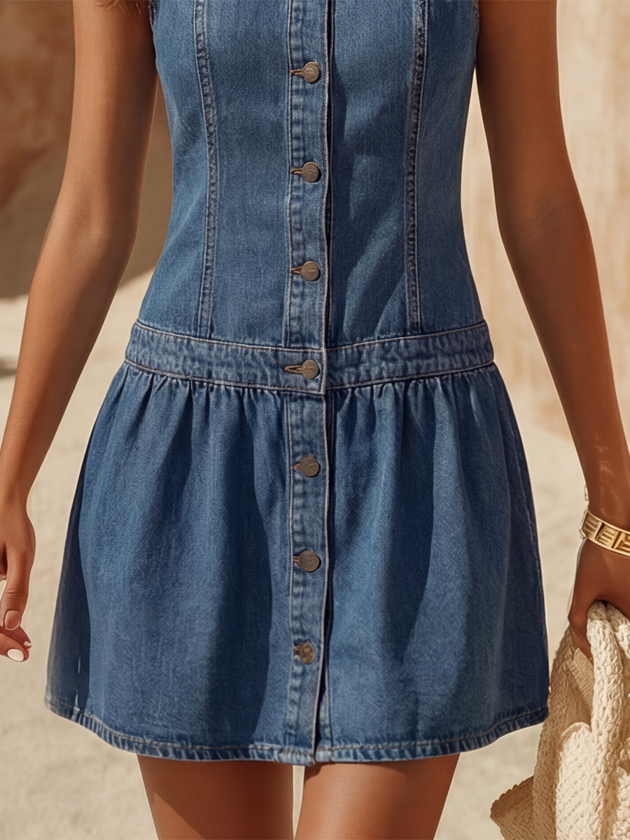 Mini Vestido Retro Costero de Mezclilla Azul con Cuello Peter Pan, Botonadura y sin Mangas