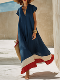 Vestido Maxi Minimalista Azul Marino de Algodón-Lino con Dobladillo Rojo y Blanco Estilo Vacacional