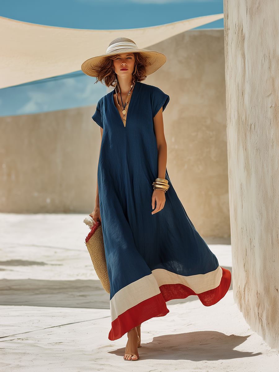 Vestido Maxi Minimalista Azul Marino de Algodón-Lino con Dobladillo Rojo y Blanco Estilo Vacacional