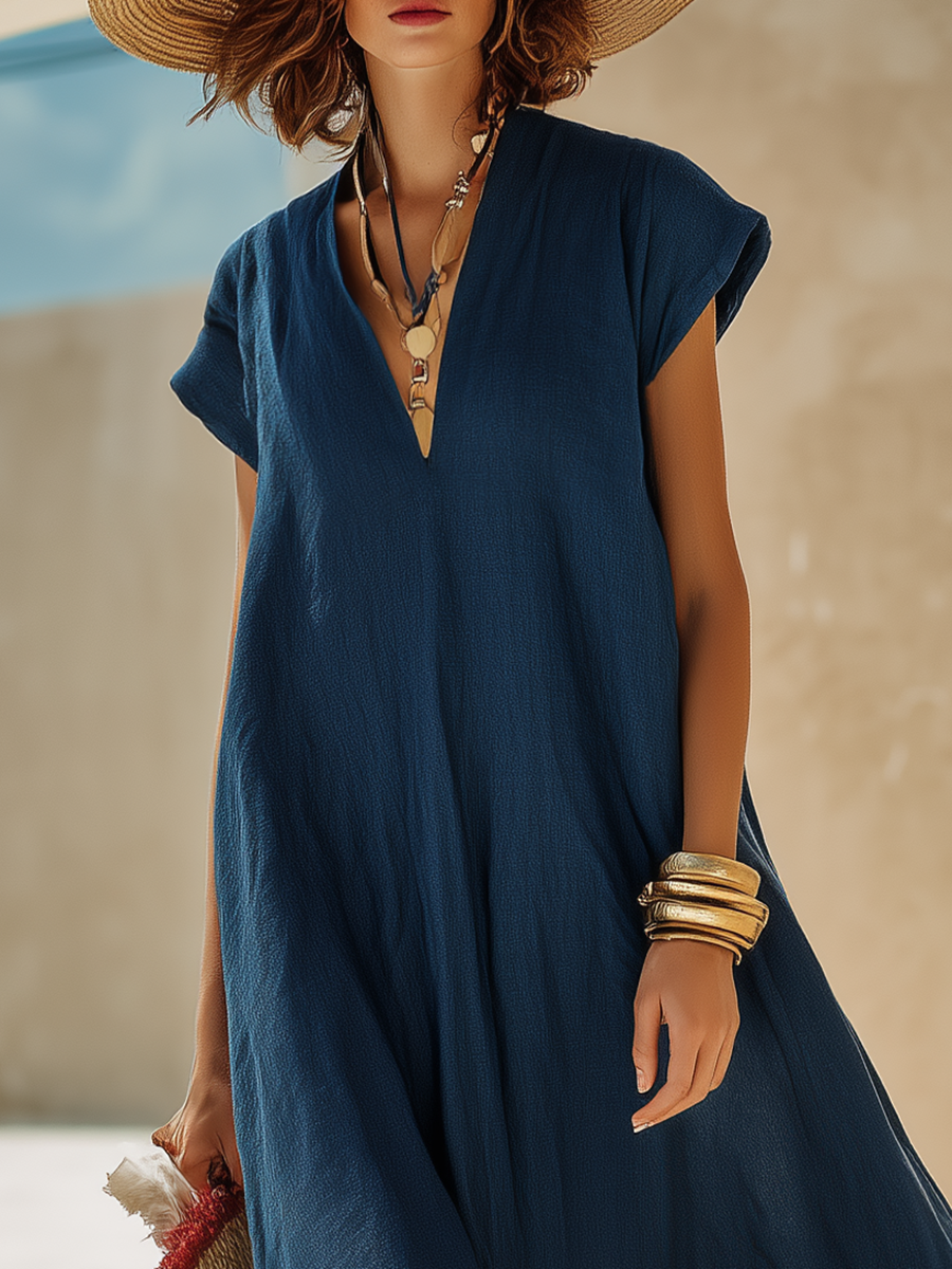 Vestido Maxi Minimalista Azul Marino de Algodón-Lino con Dobladillo Rojo y Blanco Estilo Vacacional