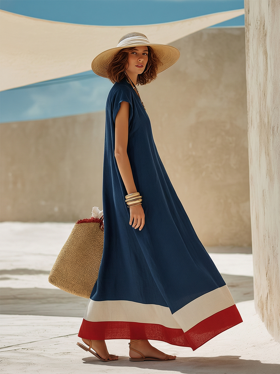 Vestido Maxi Minimalista Azul Marino de Algodón-Lino con Dobladillo Rojo y Blanco Estilo Vacacional