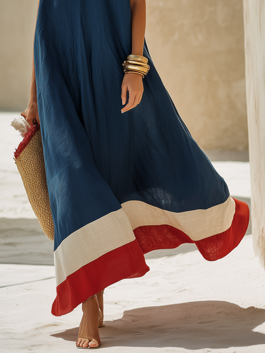 Vestido Maxi Minimalista Azul Marino de Algodón-Lino con Dobladillo Rojo y Blanco Estilo Vacacional
