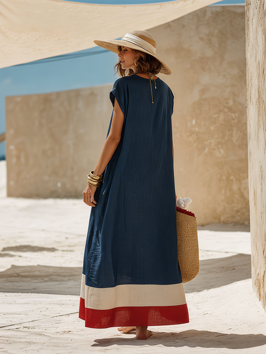 Vestido Maxi Minimalista Azul Marino de Algodón-Lino con Dobladillo Rojo y Blanco Estilo Vacacional