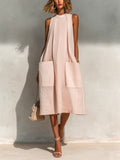 Vestido Midi Chic Elegante Rosa Claro de Lino con Cuello Redondo, Plisado y Bolsillos