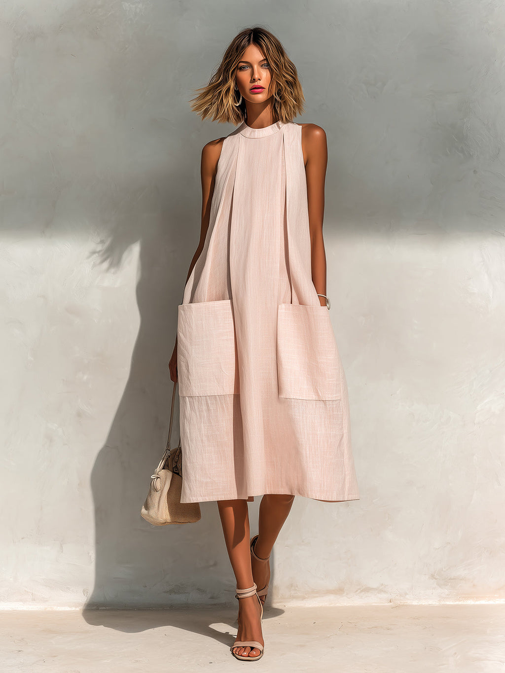 Vestido Midi Chic Elegante Rosa Claro de Lino con Cuello Redondo, Plisado y Bolsillos
