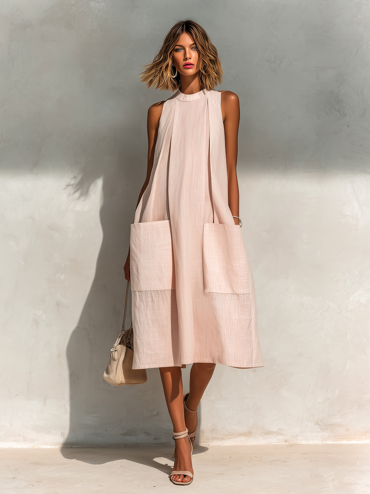 Vestido Midi Chic Elegante Rosa Claro de Lino con Cuello Redondo, Plisado y Bolsillos