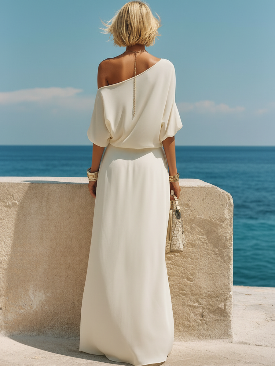Conjunto de Top Blanco Off-Shoulder de Manga Corta y Falda Estilo Vacacional