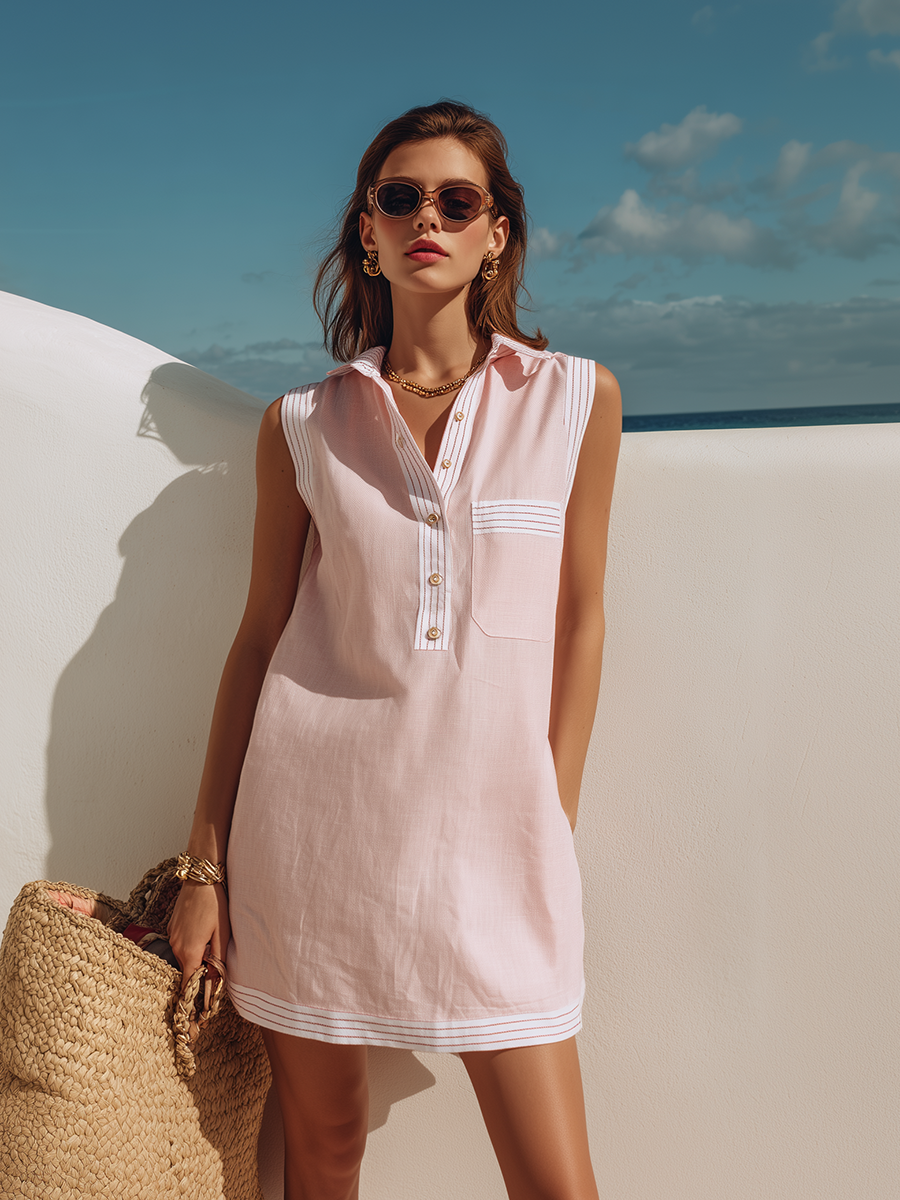 Mini Vestido Casual Rosa Claro de Algodón-Lino sin Mangas con Ribete a Rayas Estilo Resort
