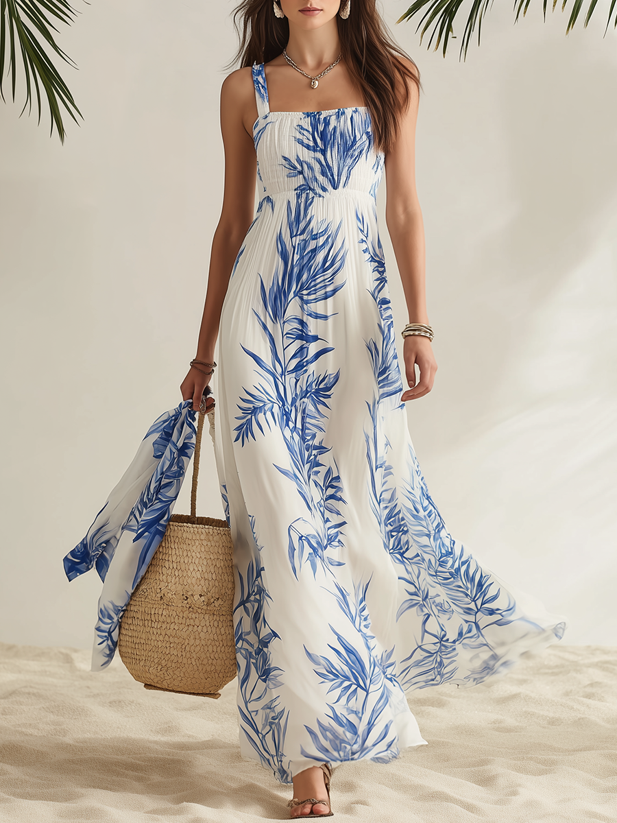 Vestido Maxi de Chiffon Estampado, Cuello Cuadrado y sin Mangas Estilo Resort