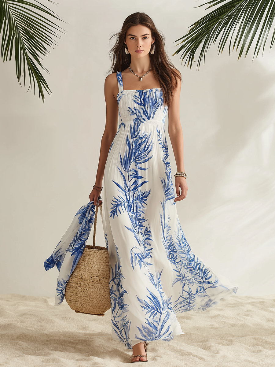 Vestido Maxi de Chiffon Estampado, Cuello Cuadrado y sin Mangas Estilo Resort