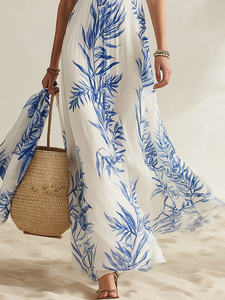 Vestido Maxi de Chiffon Estampado, Cuello Cuadrado y sin Mangas Estilo Resort
