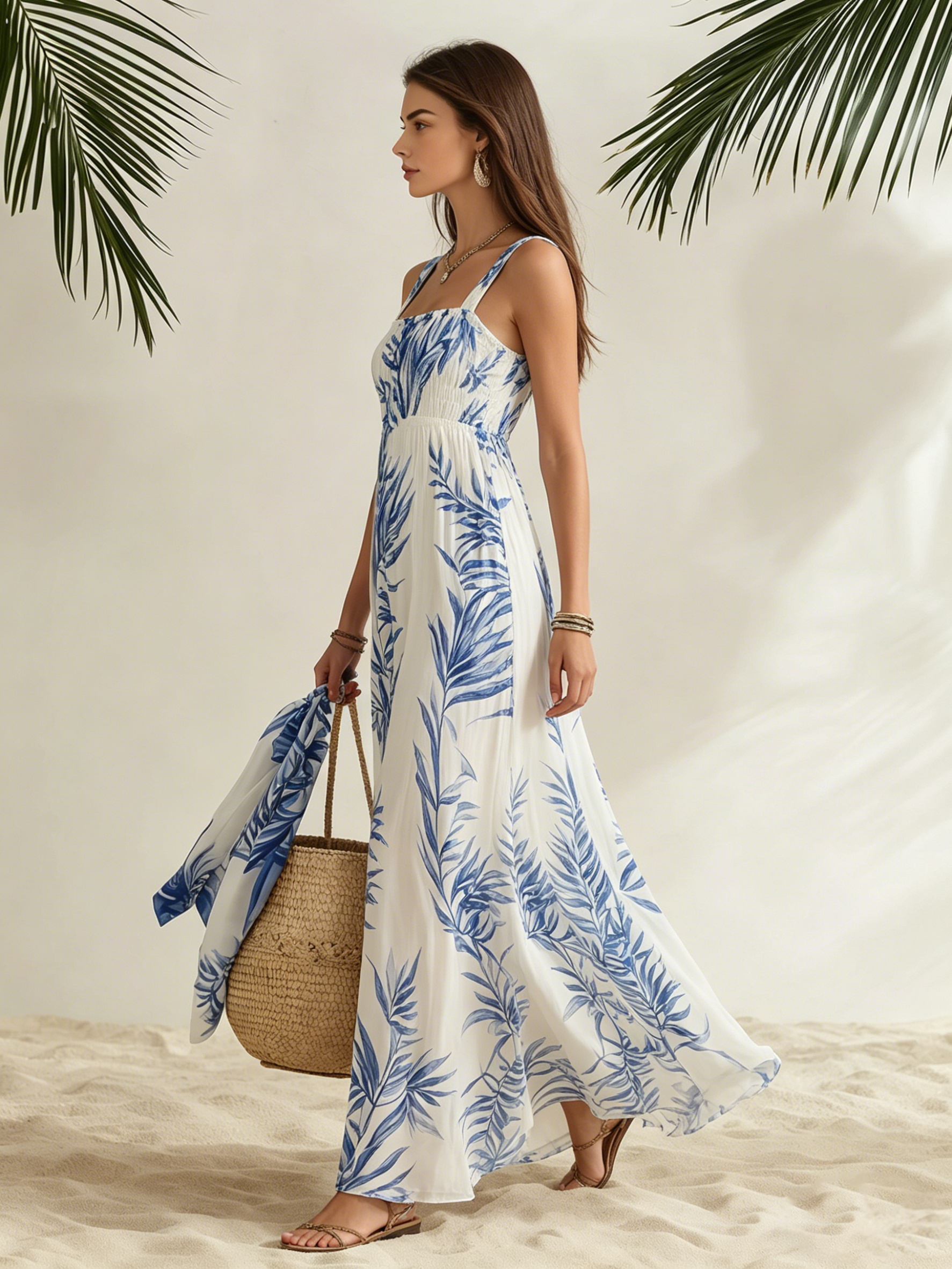 Vestido Maxi de Chiffon Estampado, Cuello Cuadrado y sin Mangas Estilo Resort