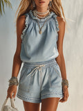 Conjunto de Top y Shorts de Mezclilla Azul Claro con Volantes Estilo Playero