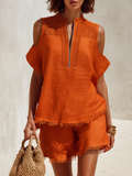 Conjunto Bohemio Chic de Top Naranja con Manga Corta, Recortes y Dobladillo Deshilachado, y Shorts