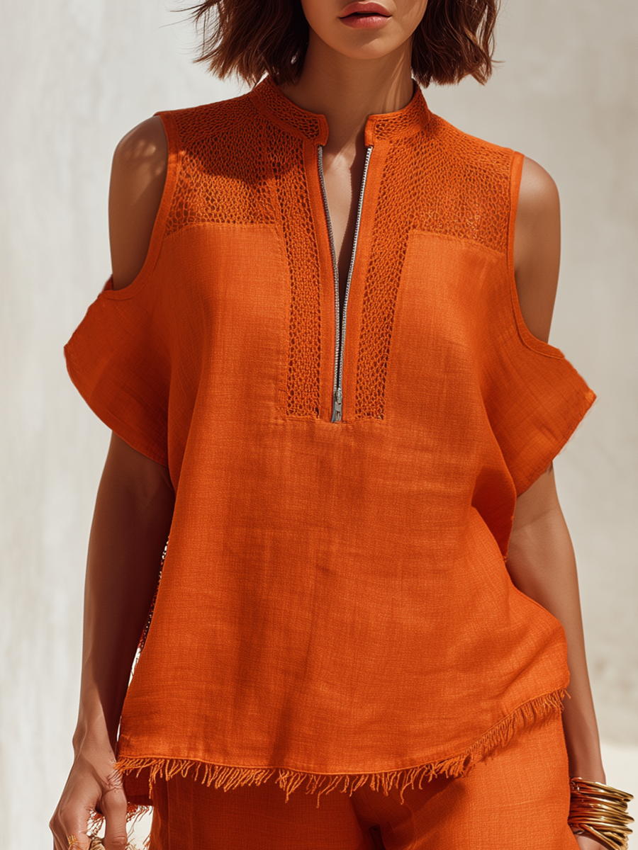 Conjunto Bohemio Chic de Top Naranja con Manga Corta, Recortes y Dobladillo Deshilachado, y Shorts