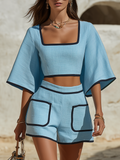 Conjunto de Top de Cuello Cuadrado, Manga Corta y Ribete Negro con Shorts Estilo Resort