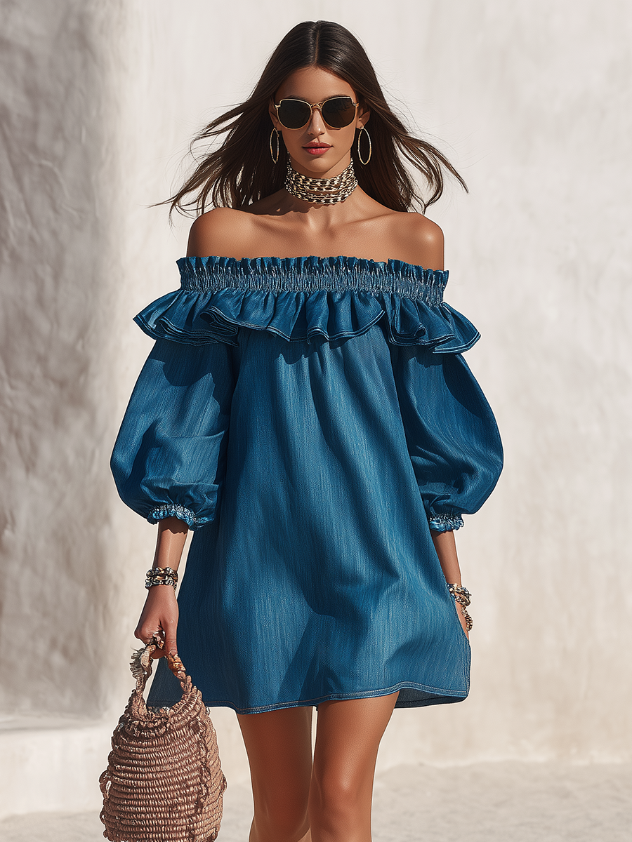 Mini Vestido de Mezclilla Estilo Resort con Hombros Descubiertos, Volantes y Manga Tres Cuartos