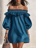Mini Vestido de Mezclilla Estilo Resort con Hombros Descubiertos, Volantes y Manga Tres Cuartos